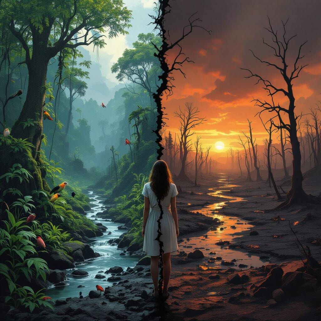 Contrasting Worlds: Rainforest and Wasteland, Hyperrealistic...