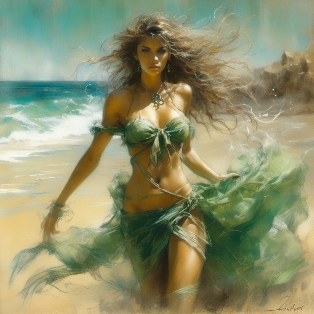 Beautiful Woman on Beach in Vintage Painting Style