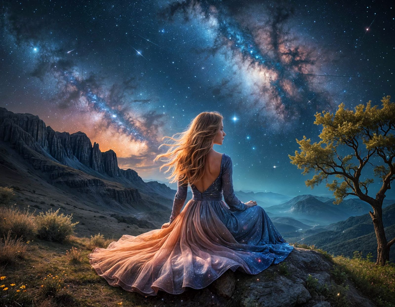 Ethereal Woman Contemplates the Starry Cosmos