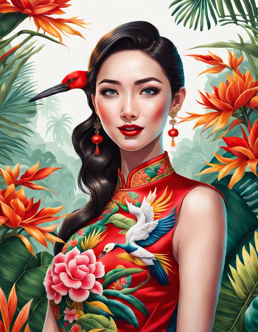 Girl in Cheongsam with Tropical Embroidery