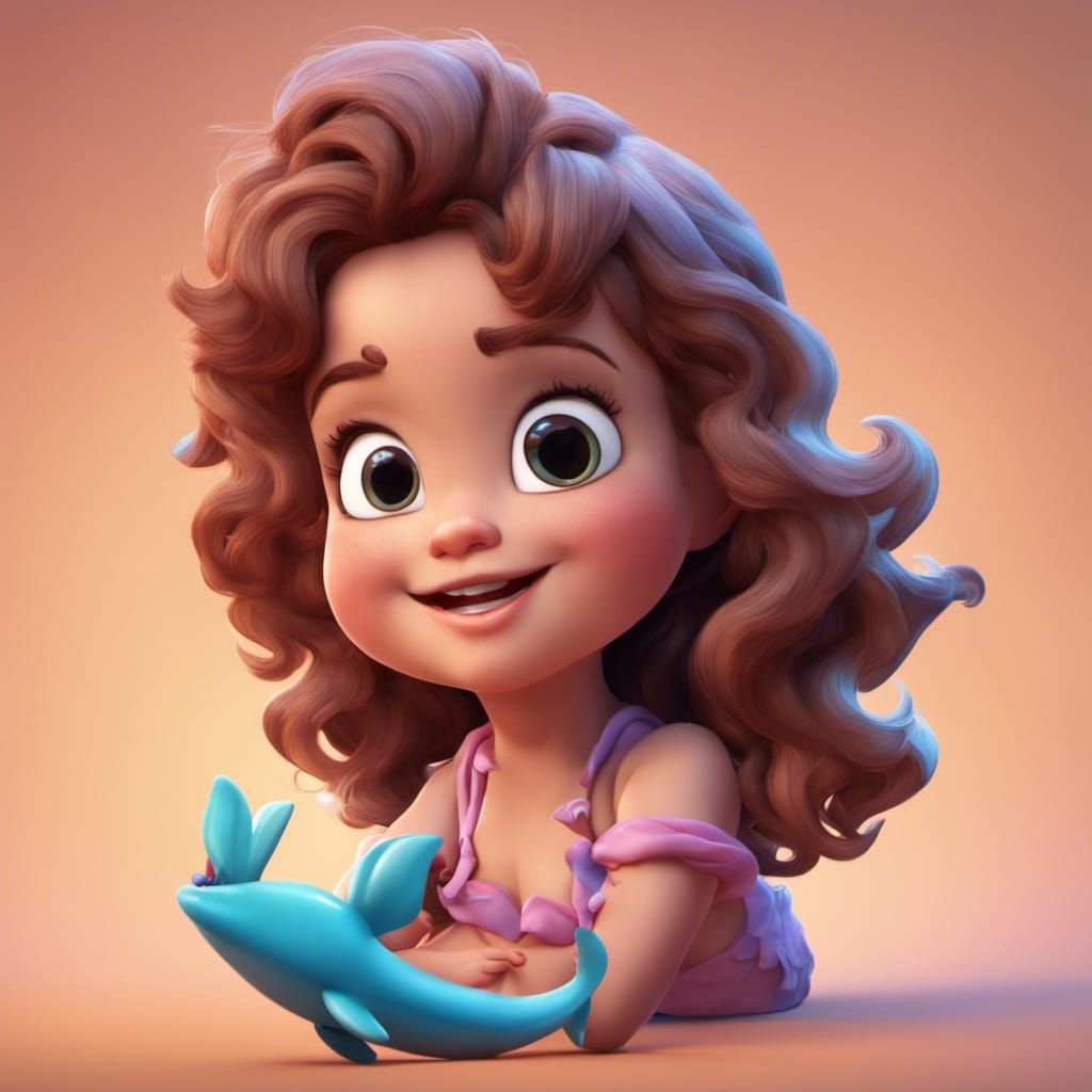 an extremely cute curly brown hair, brown eyed little mermaid with her cute little dolphin friends