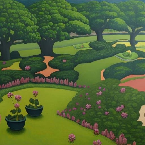 Surreal Garden Oil Painting in Fantasy Style