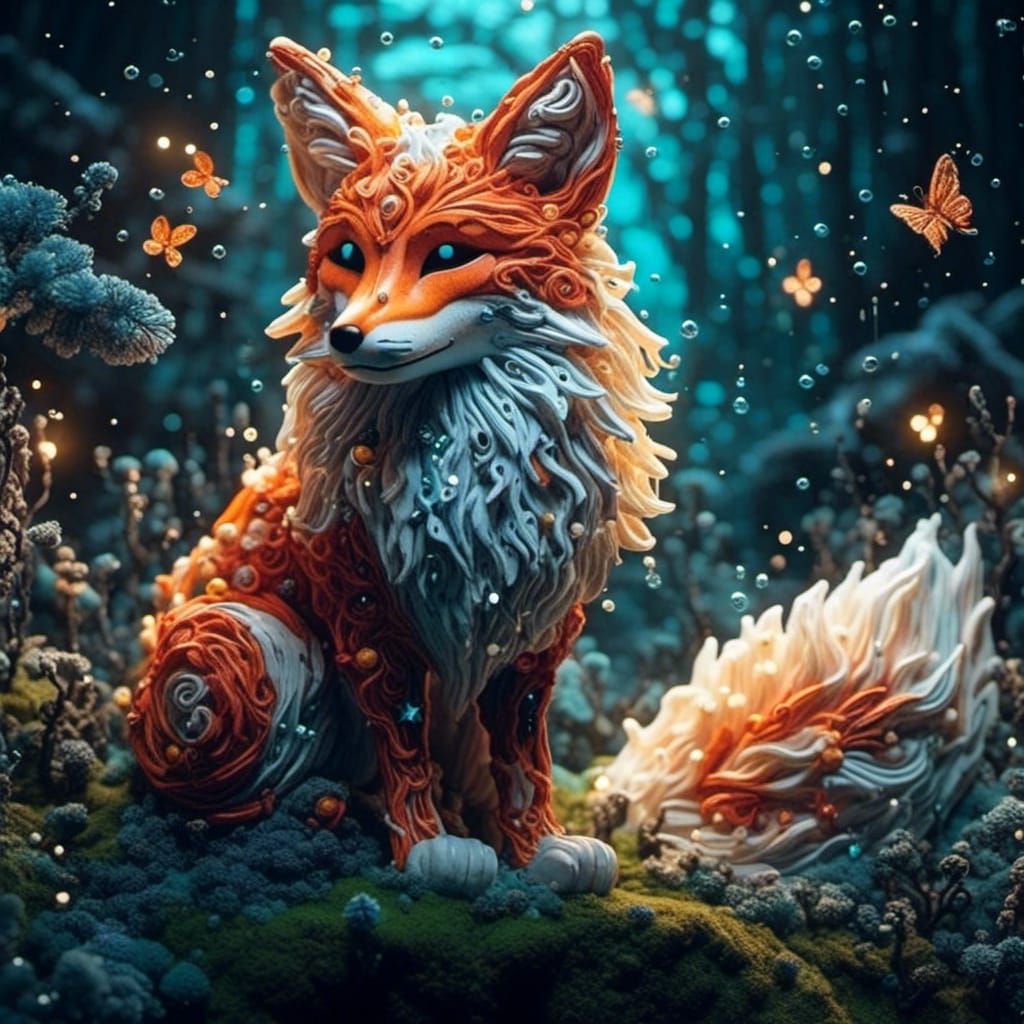<lora:Cat:1.0> string art, optical art, delicate big soft cute plushie fox filled with bioluminescent plants in a small ...