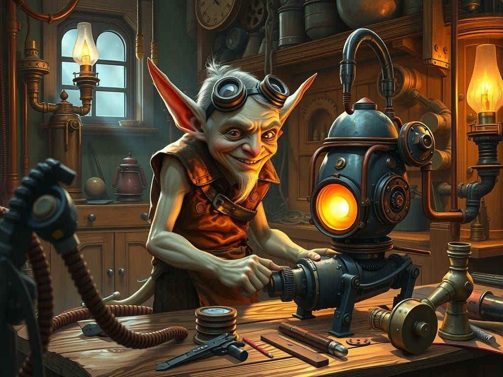 Steampunk Goblin Inventor in a Cluttered Workshop