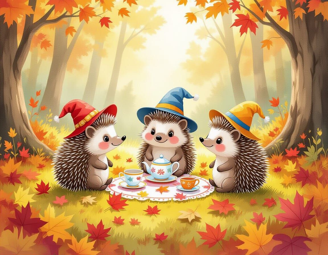 Whimsical Hedgehog Tea Party in Autumn Leaves
