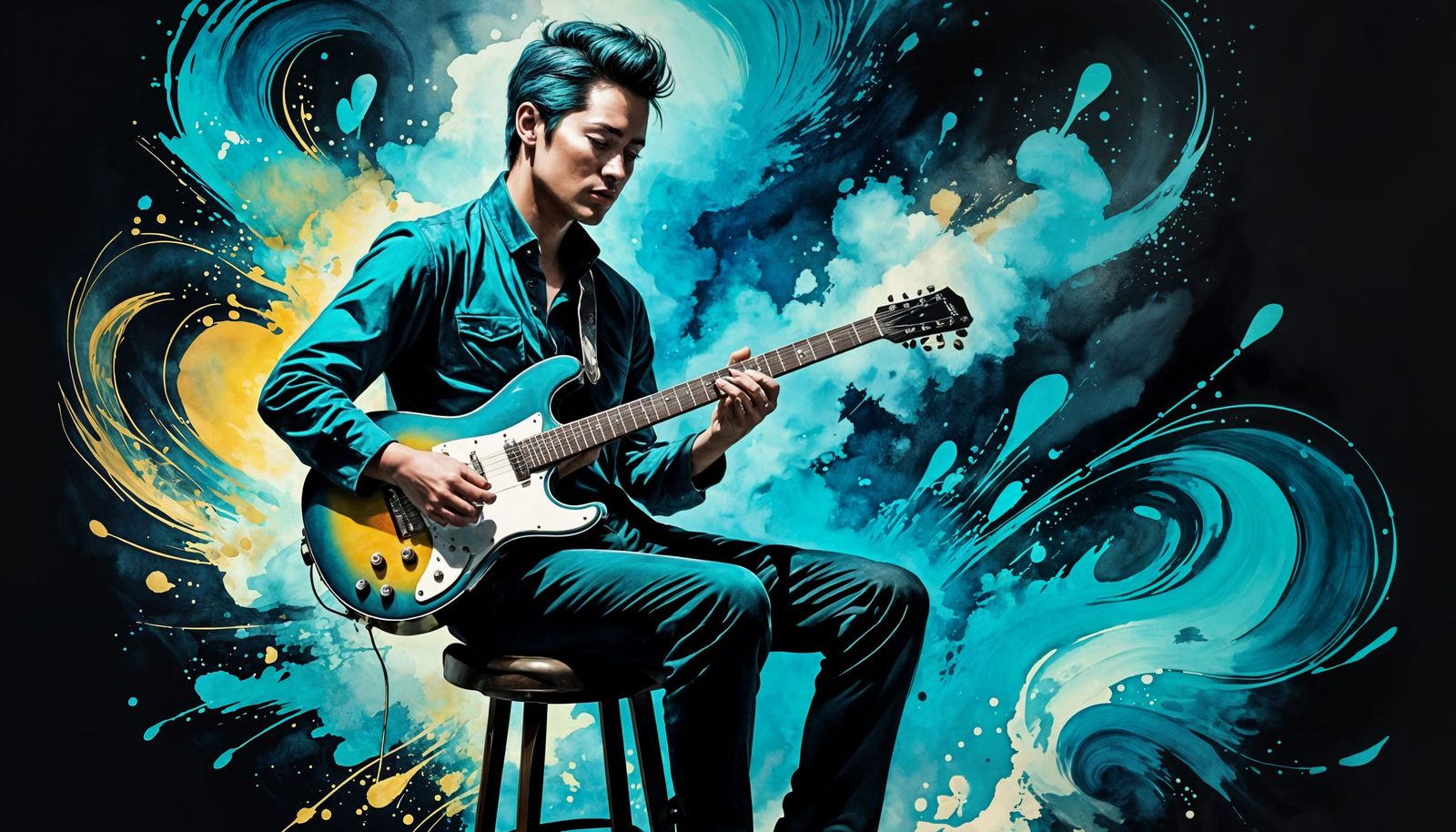 Turquoise Guitarist in Watercolor Splash Style