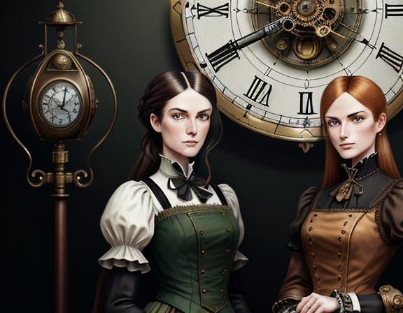 Twin Sisters in Time Machine: Steampunk Fantasy Art