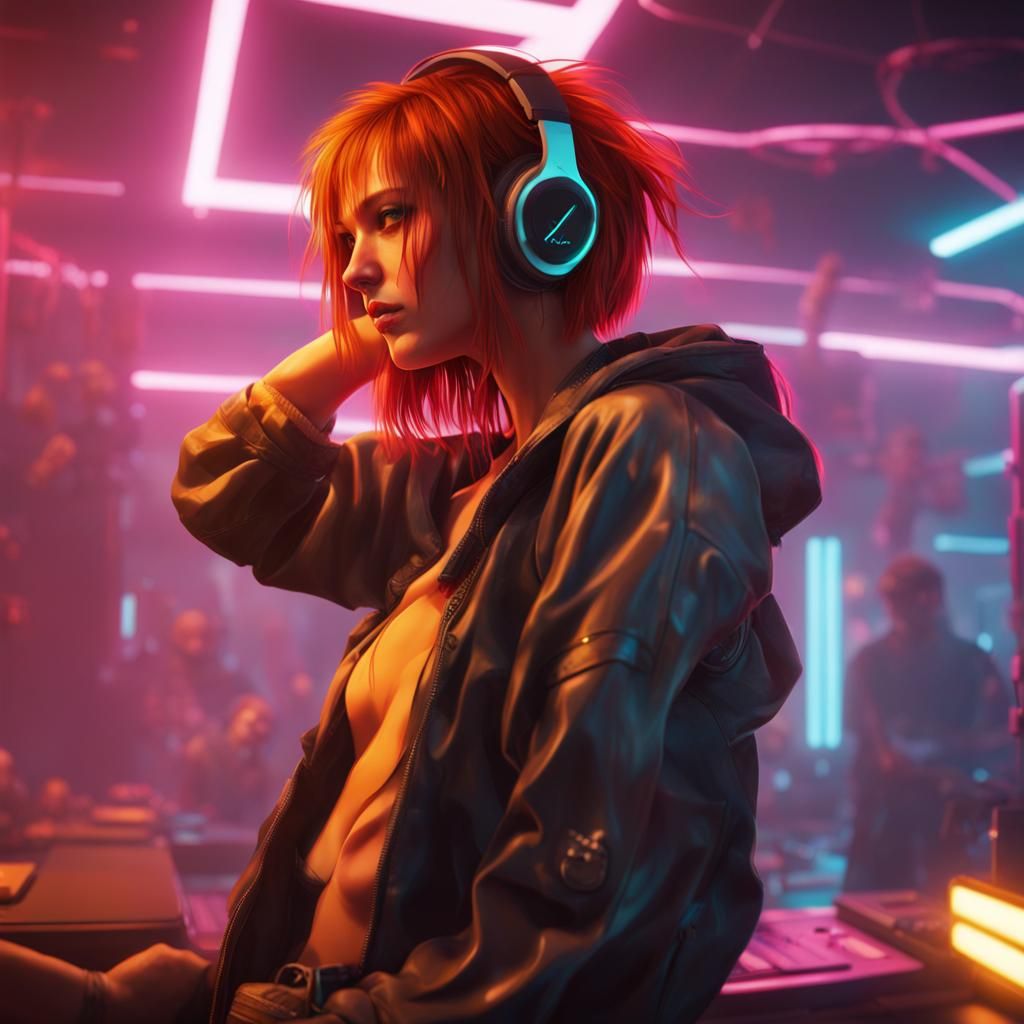 Cyberpunk Girl Dancing in a Feather Room