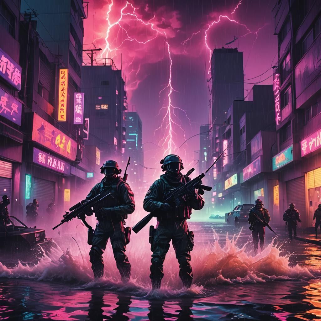 Synthwave Soldiers Face Tsunami in Neon City