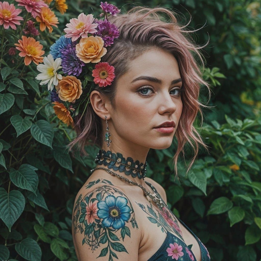 Vibrant Floral Punk Dreamscape in Cosmic Ink Style