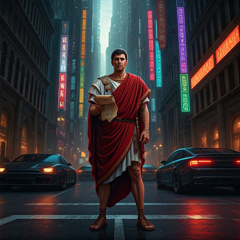 Roman Courier Lost in Cyberpunk Cityscape