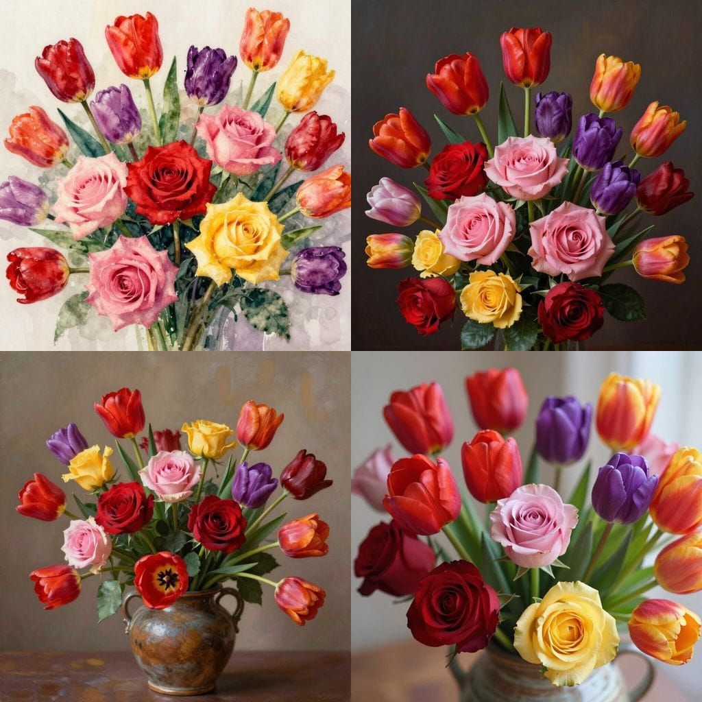 Vibrant Bouquet of Red and Pink Roses with Tulips