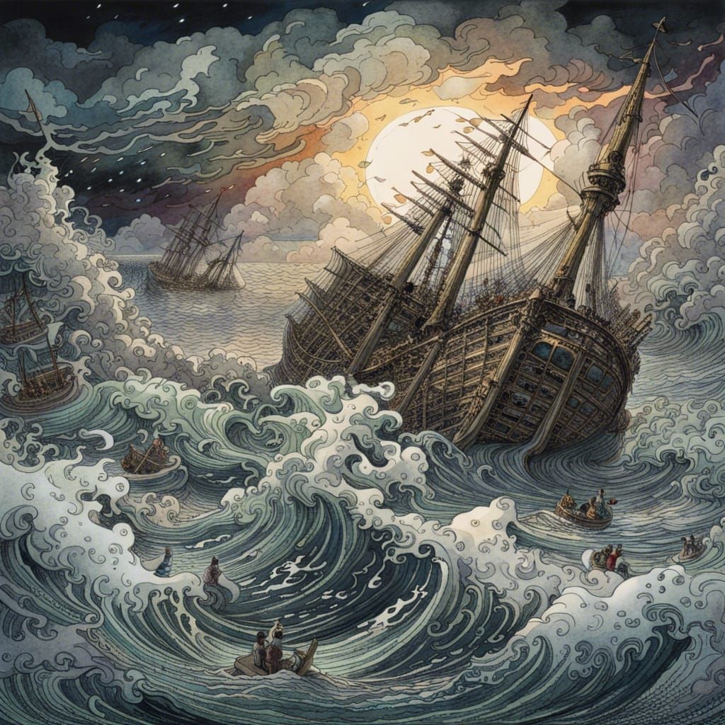 Chaotic Winter Ocean Shipwreck in Watercolor Style