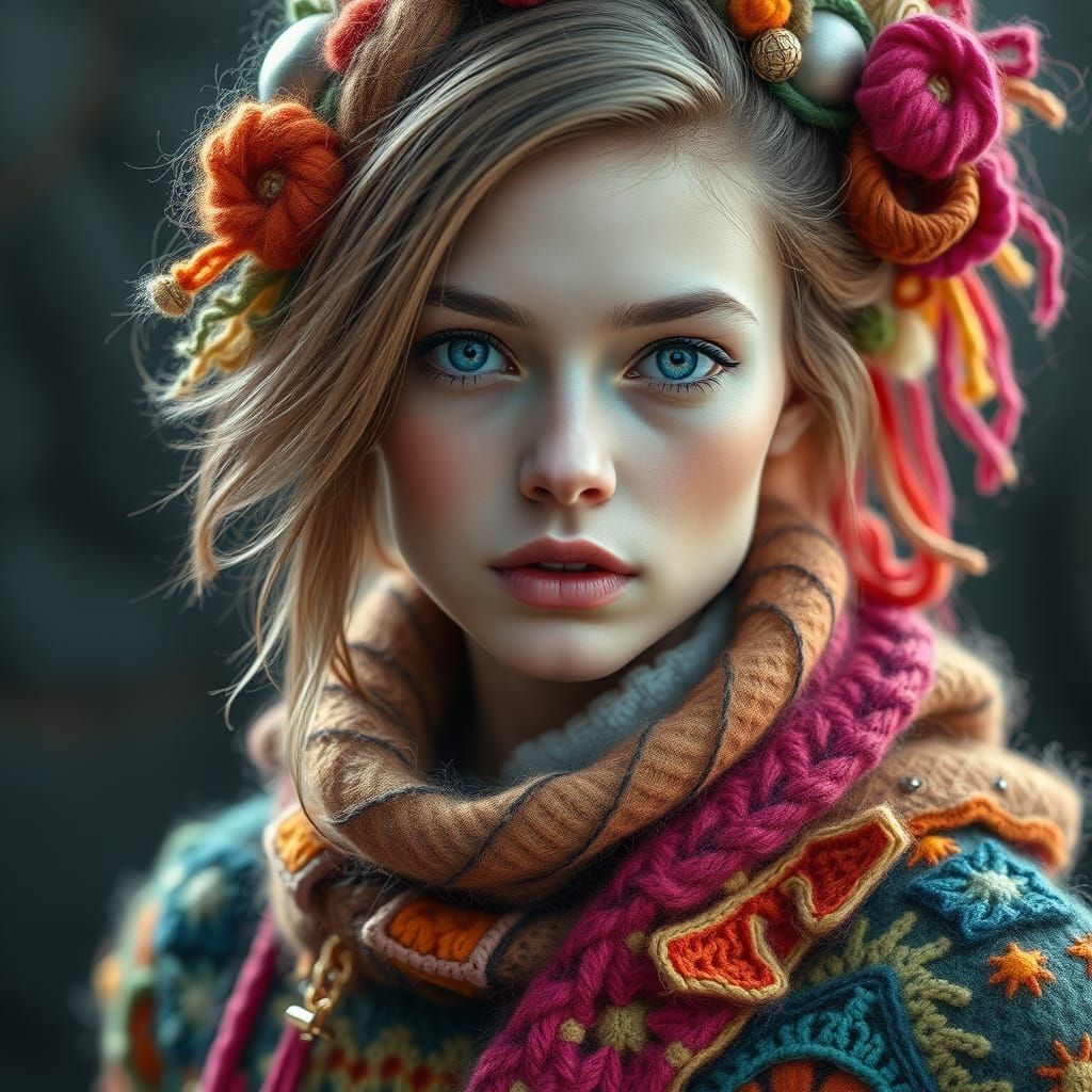 Hyperrealistic Woman in Intricate Wool Clothing