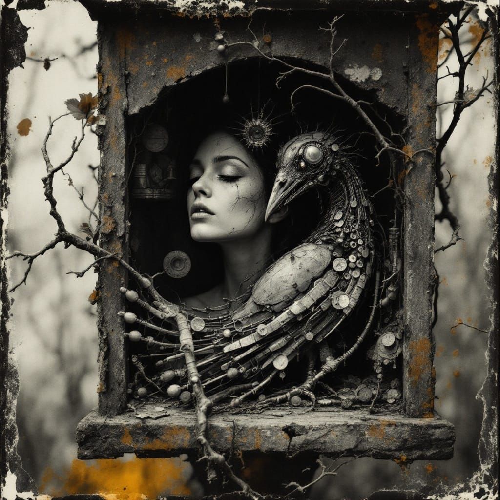 Abstract Woman and Bird in Birdhouse: Surreal Polaroid