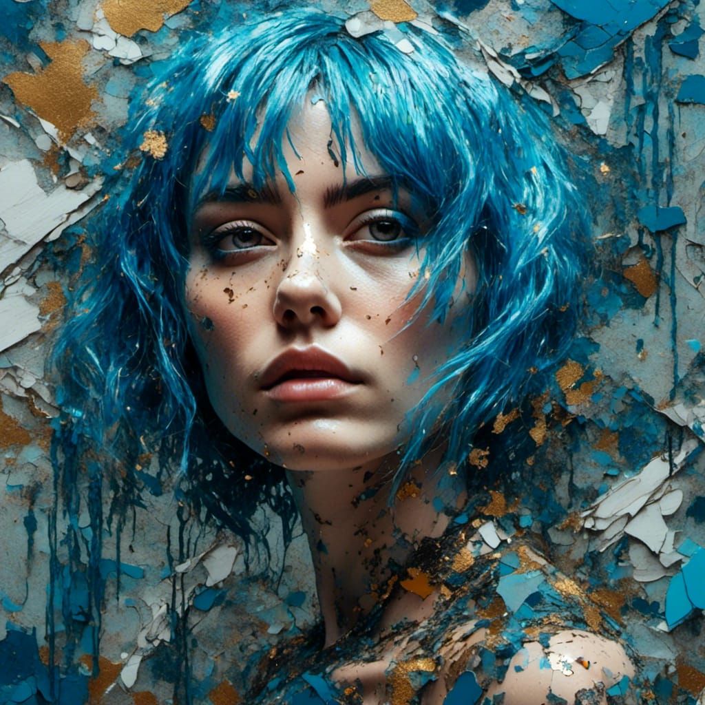 Woman with Blue Hair in Stylized Collage