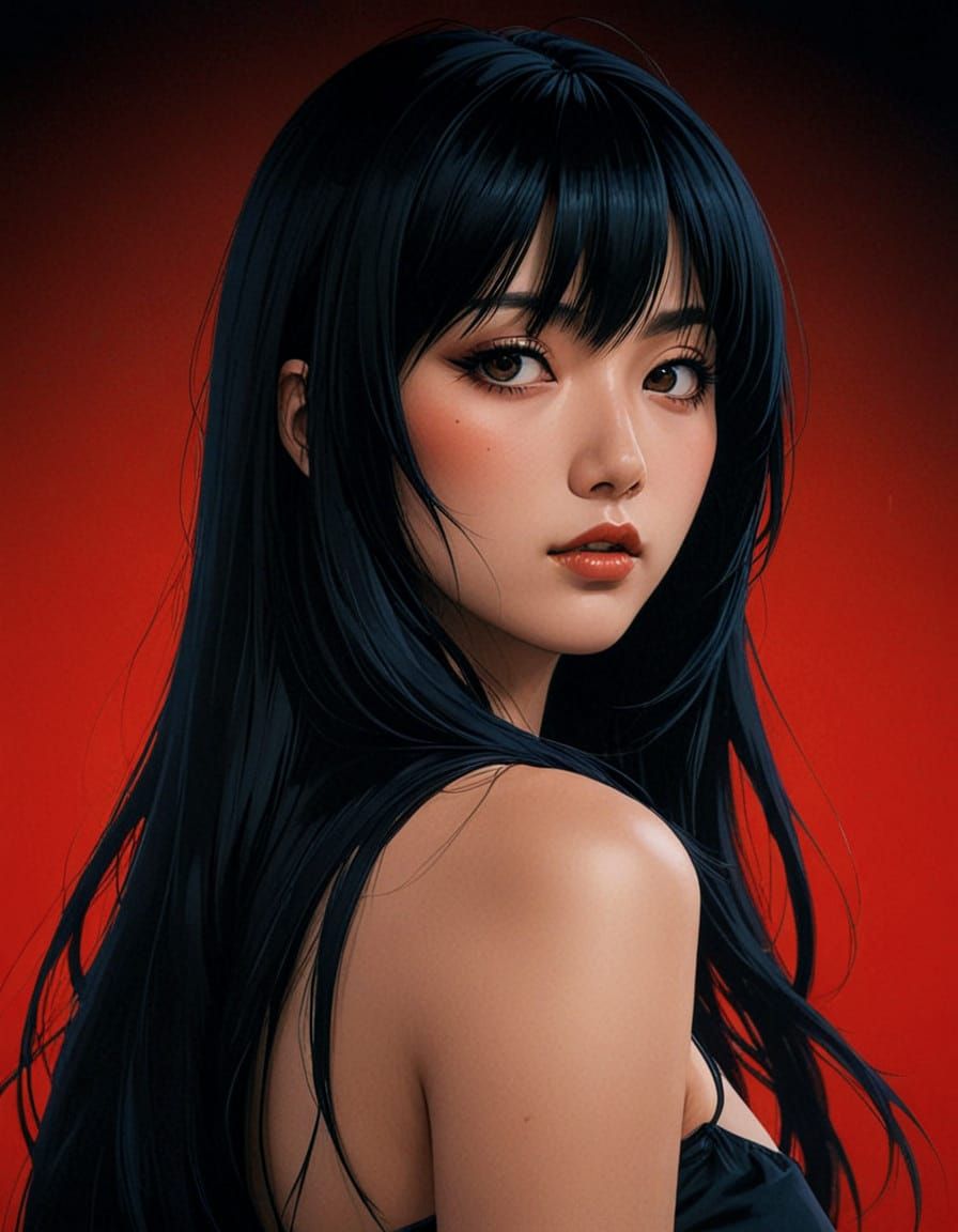 Japanese Retro Anime Goddess in Deep Blue Haze