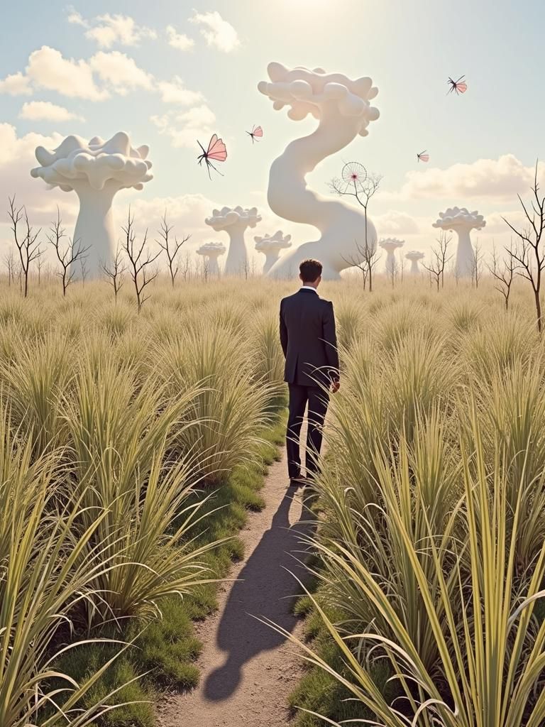 Surreal Tall Grassland with Floating Objects