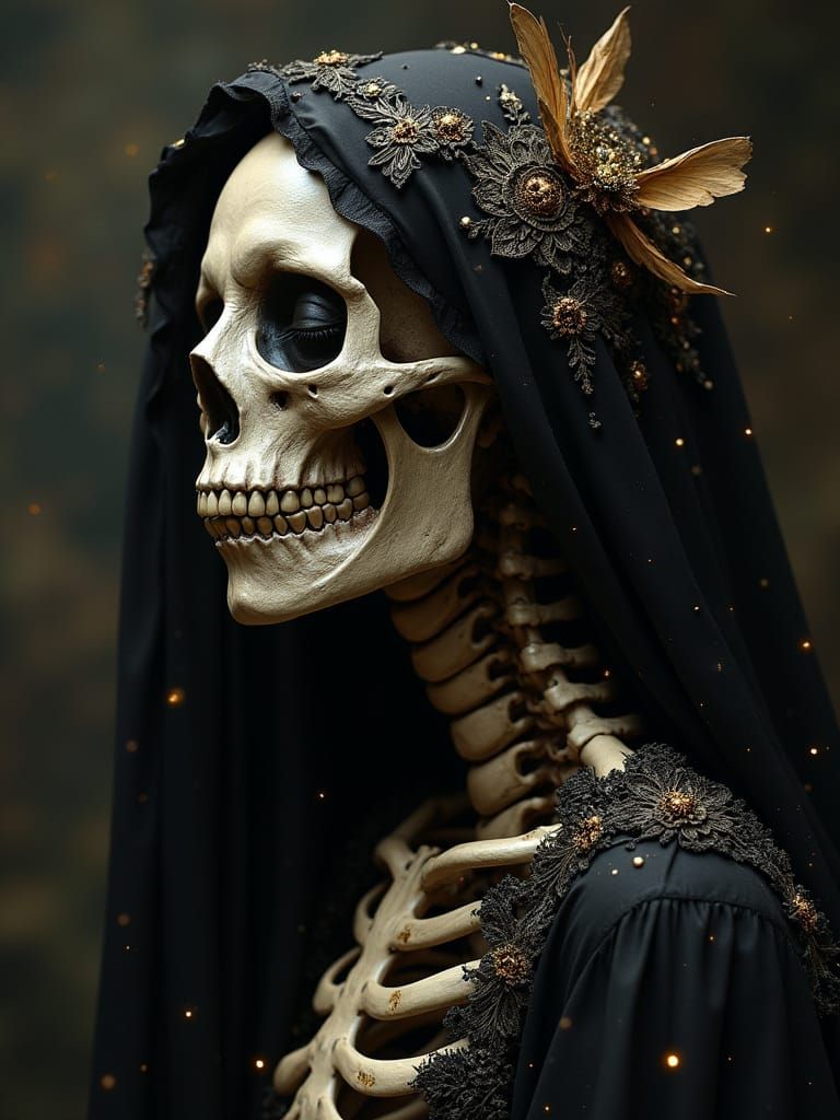 Ethereal Skeleton Maiden in Dark Fantasy Attire