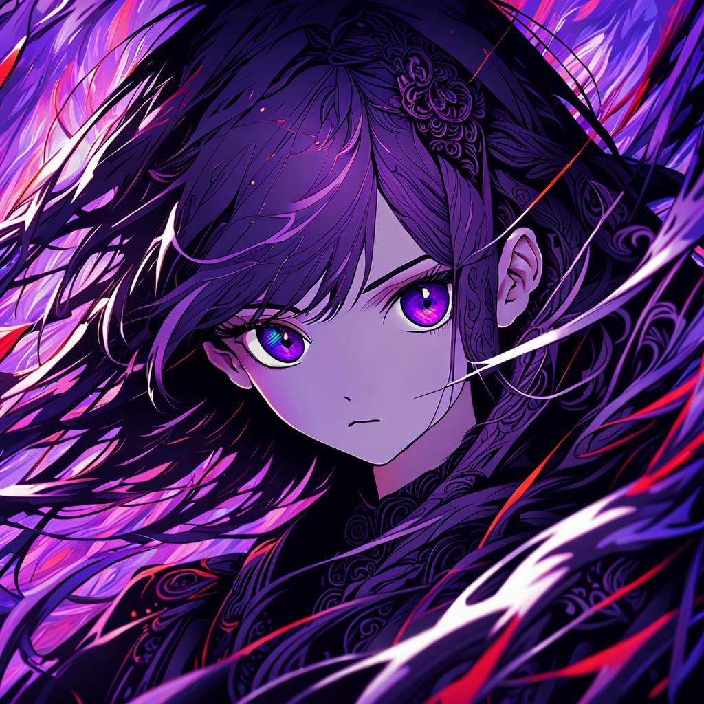 Anime Girl Portrait with Purple Hair and Eyes
