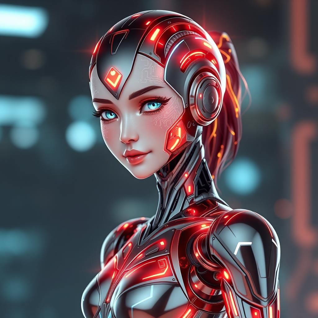 Metallic Robot Girl with Glowing Circuitry in 3D Anime Style