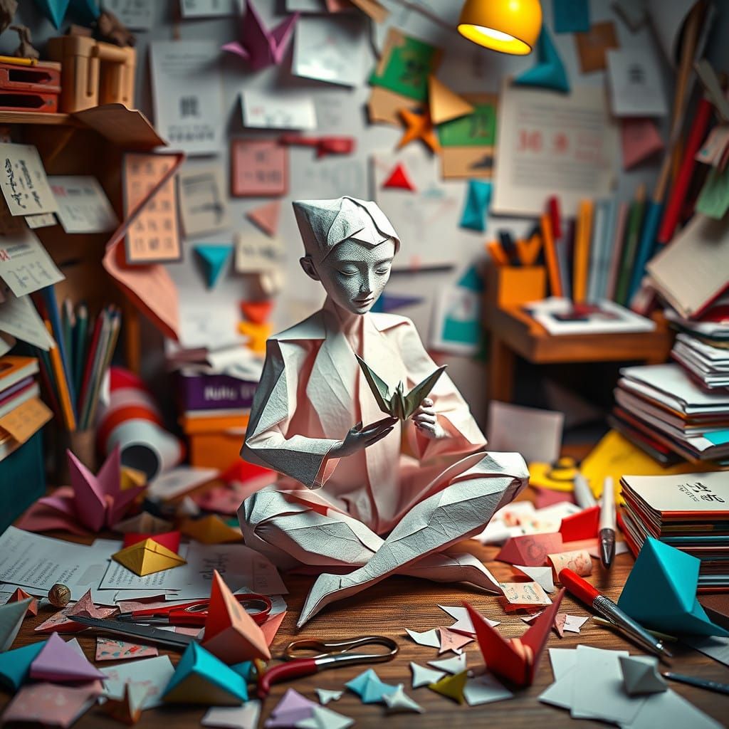 Origami Artist Crafts Paper Crane in Whimsical Workspace