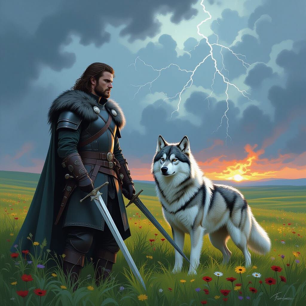 Robb Stark and Direwolf in Stormy Field
