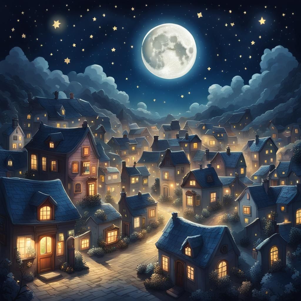 Magical Night Town Under a Big Moon