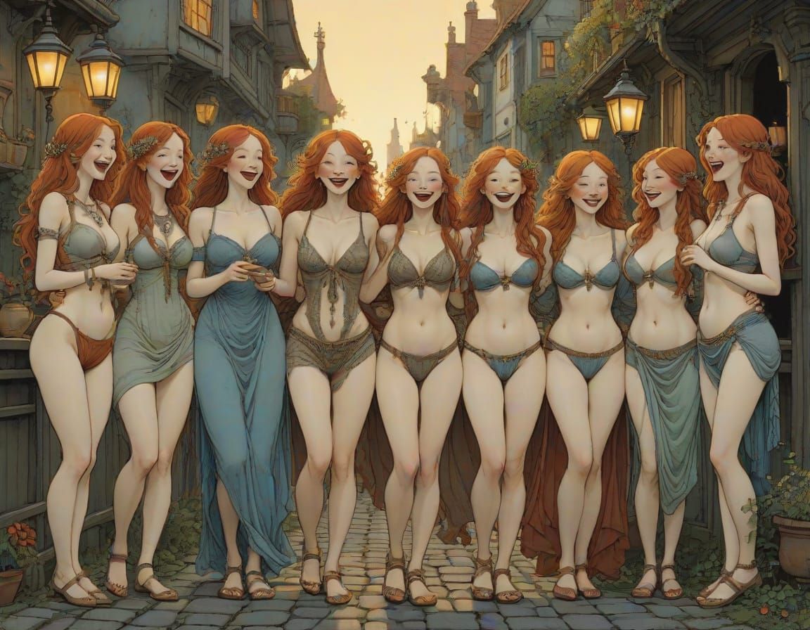 A Row of Long-Haired Ginger Girls Laugh in the Evening Light