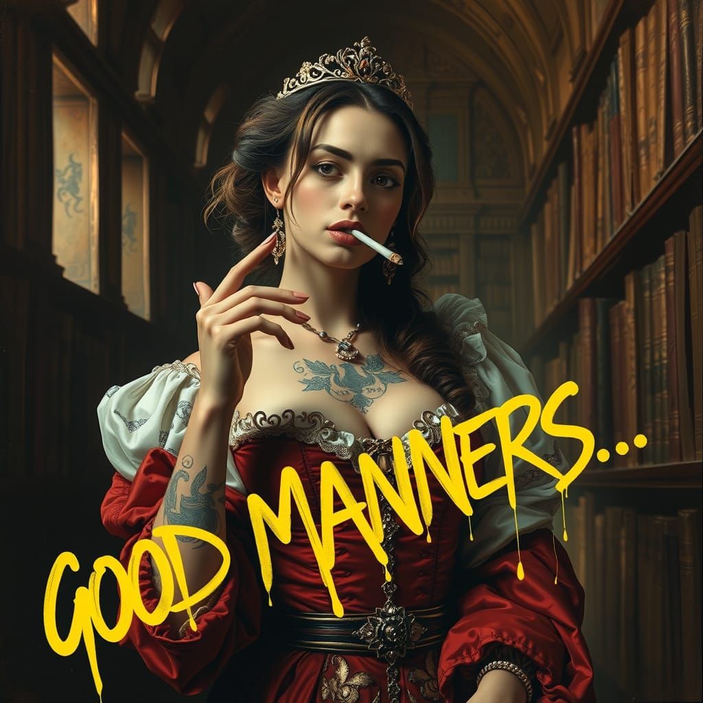 Baroque Princess Smoking Joint in Opulent Library