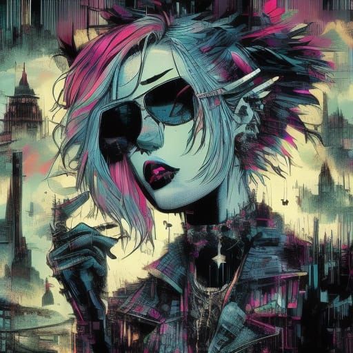 Gothpunk Vampire Amidst Shockwaves in Glitch Comic Style