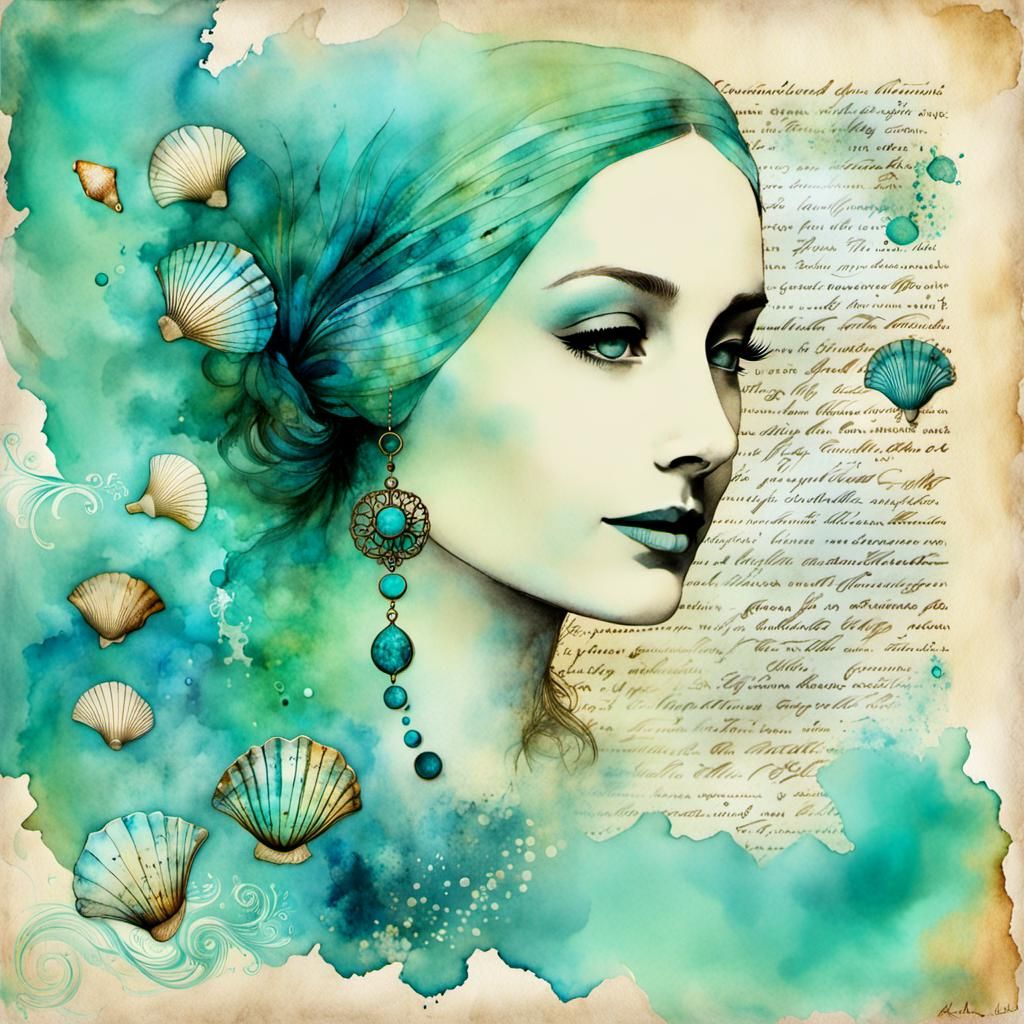 Watercolor Art with Seashells on Parchment