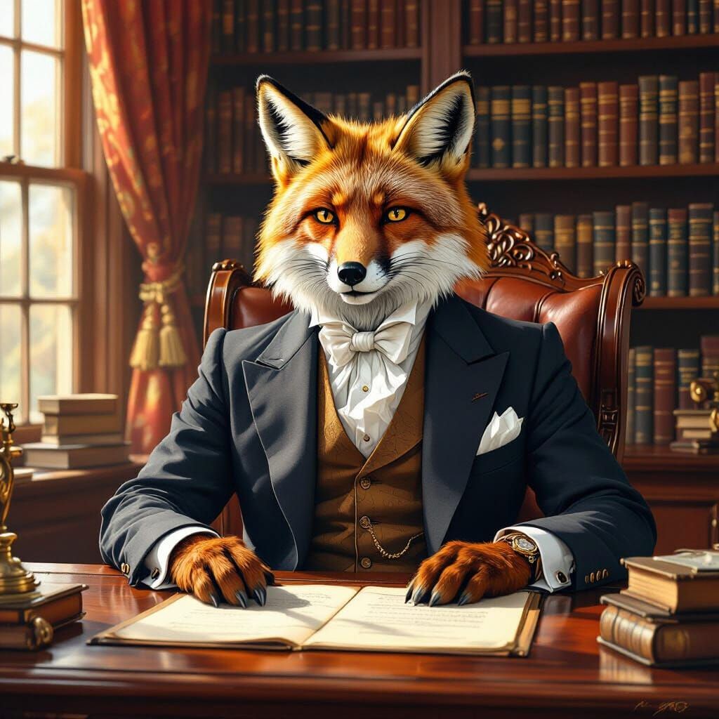 Fox Librarian in Sunlit Study, Historical Painting