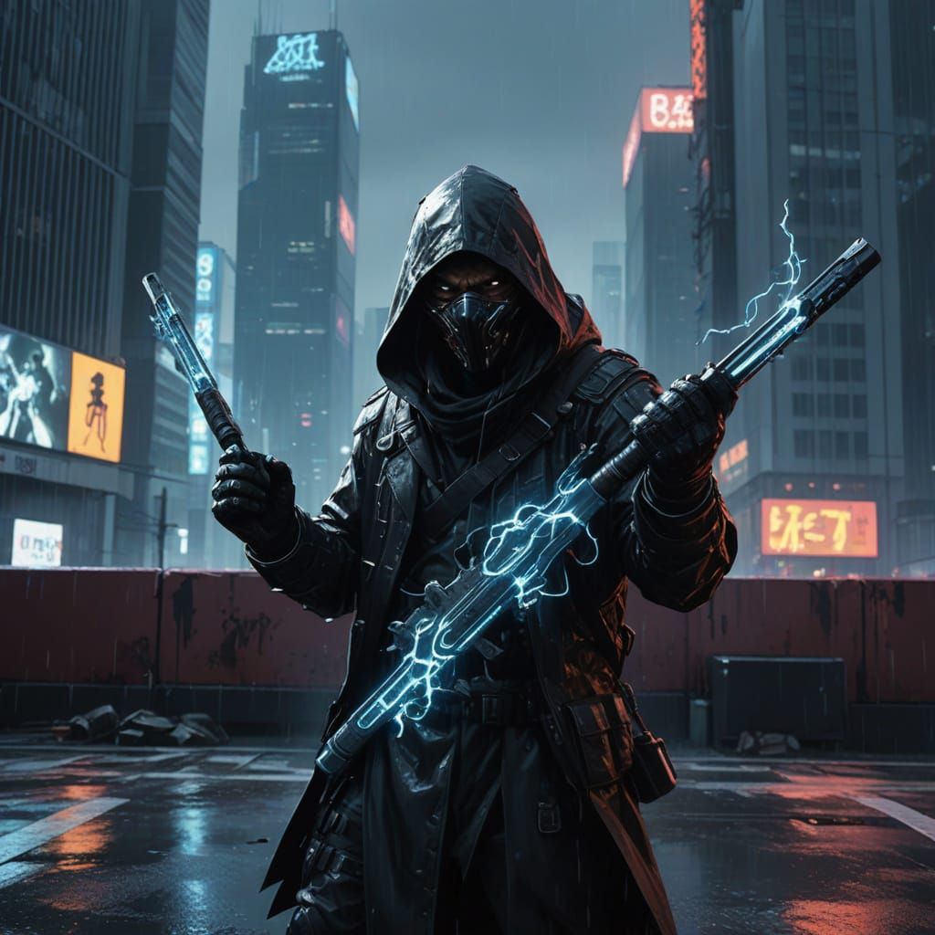 A mysterious hooded figure clothed in dark tactical gear, adorned with metallic accents, wearing a sinister yokai mask w...