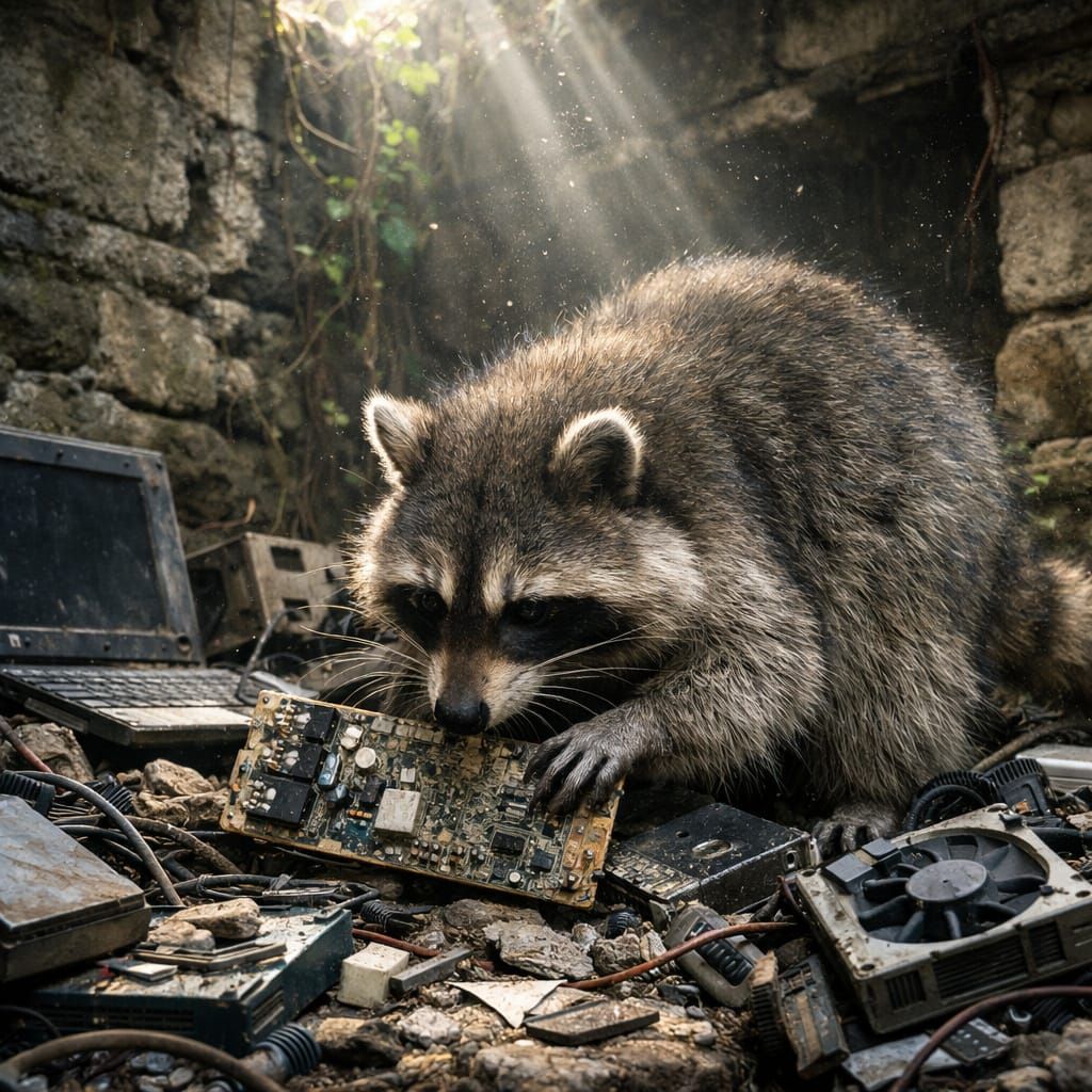 Hyperrealistic Raccoon in Overgrown Ruin