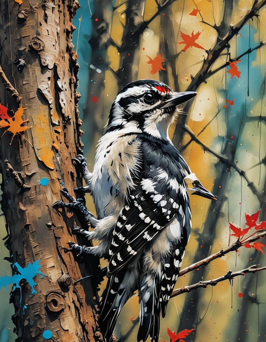 Downy Woodpecker in Vibrant Graffiti Street Art