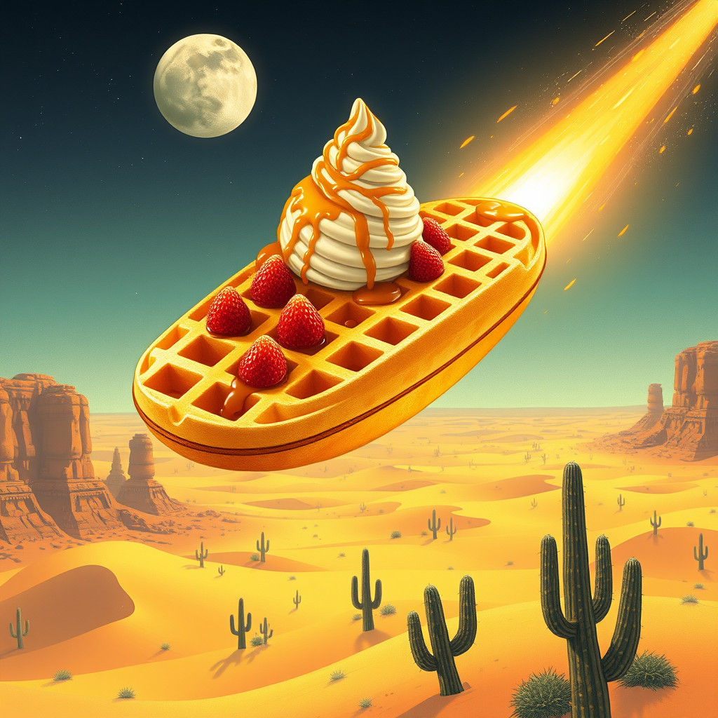 Honeycomb Waffle Spaceship Flies Over Desert Landscape