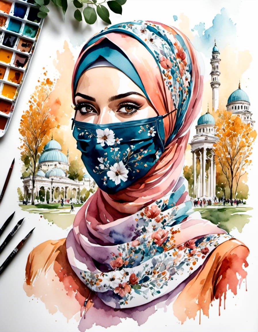 Watercolor Portrait of Hijabi Woman with Flowered Facemask