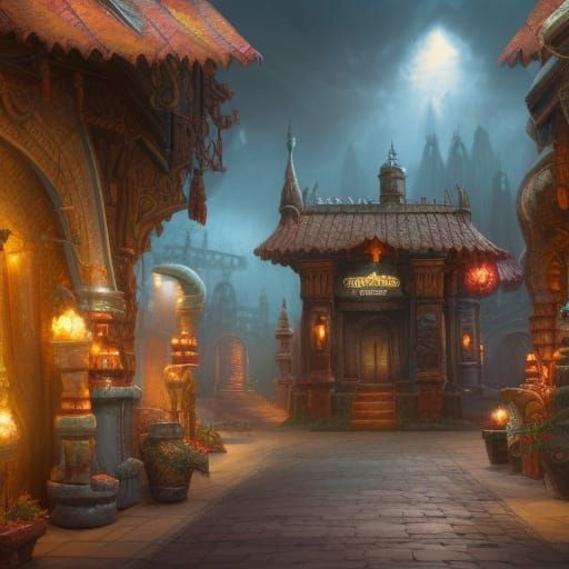 Fantasy Marketplace Storefronts: Detailed Matte Painting