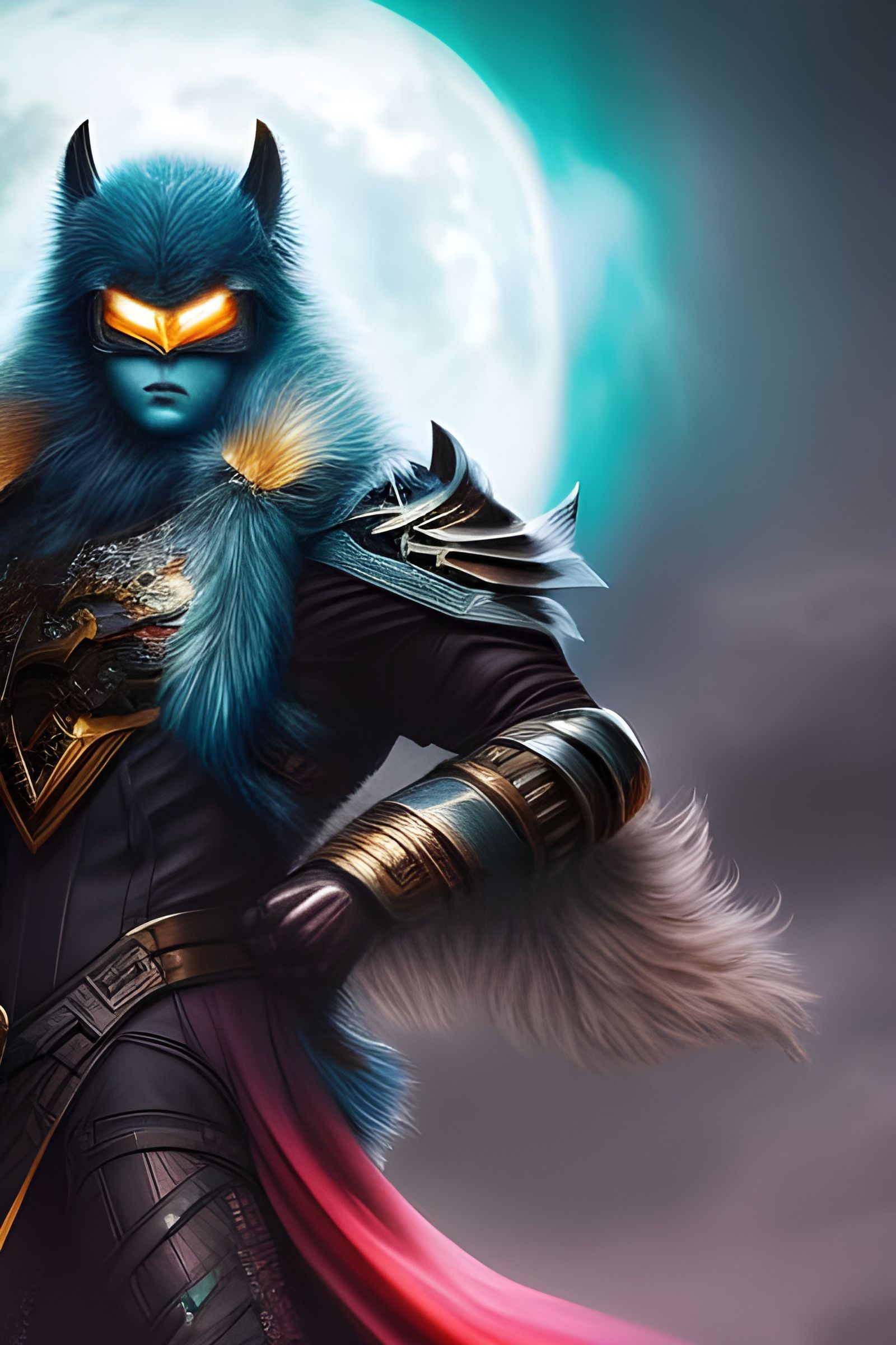 Cute Fluffy Batman Kitsune Goddess in Watercolor Style