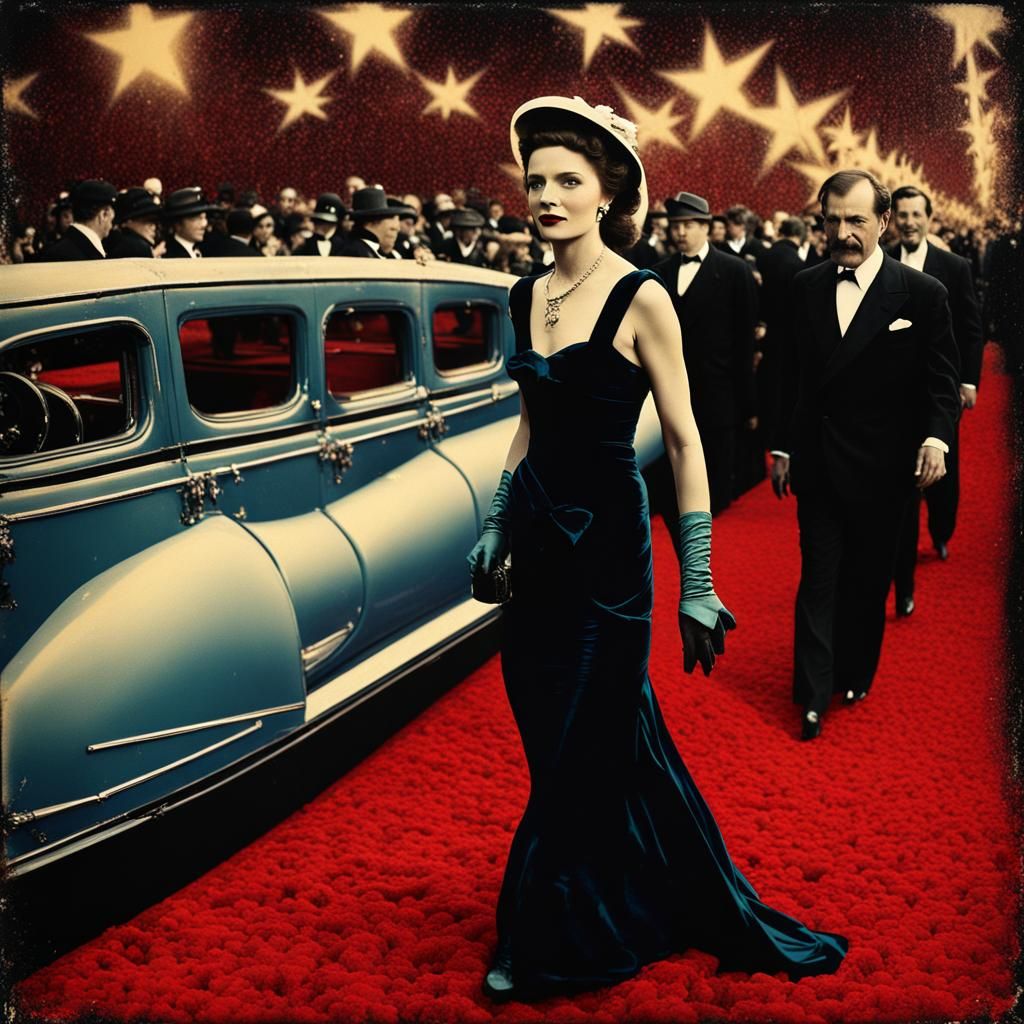 lovely enchanting woman walking down star studded red velvet carpet, limo, paparazzi, camera, flash, camera flash, hyper...