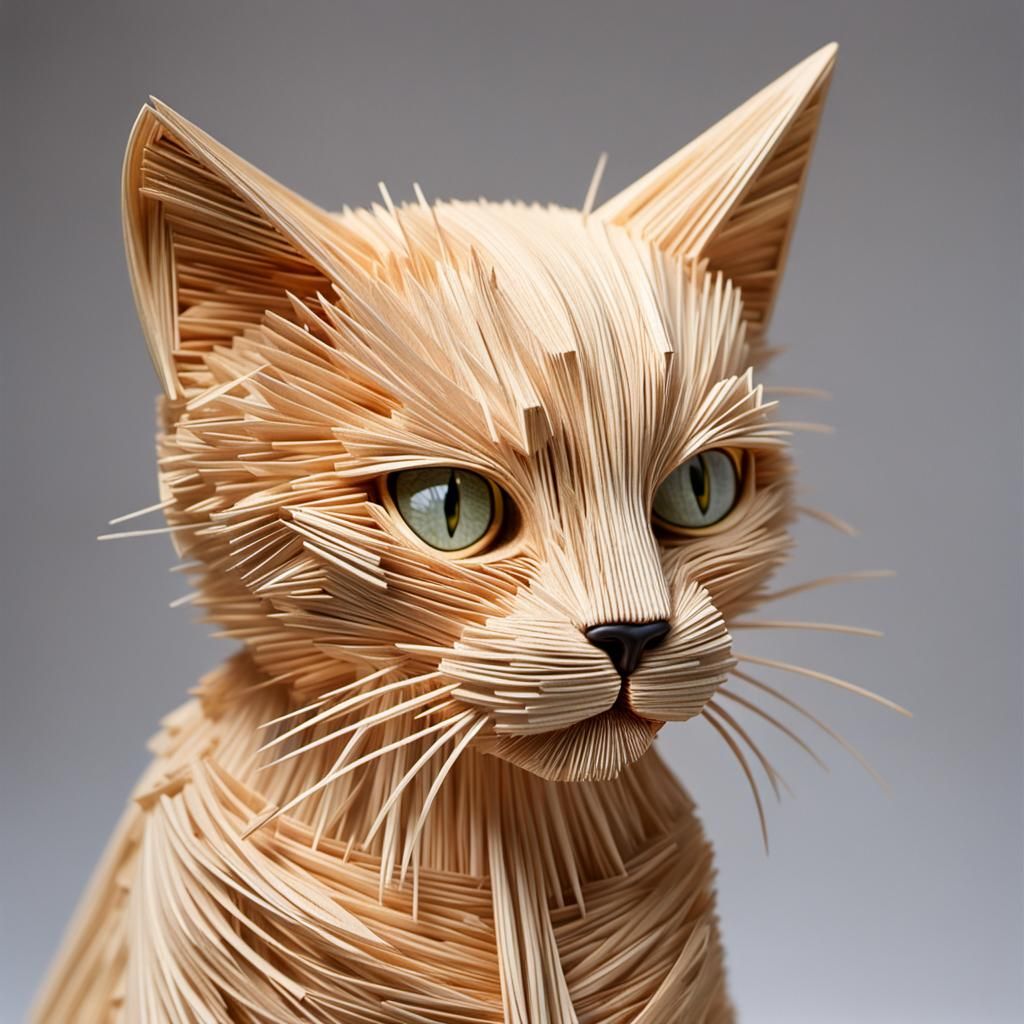 Detailed Toothpick Art Sculpture of a Cat