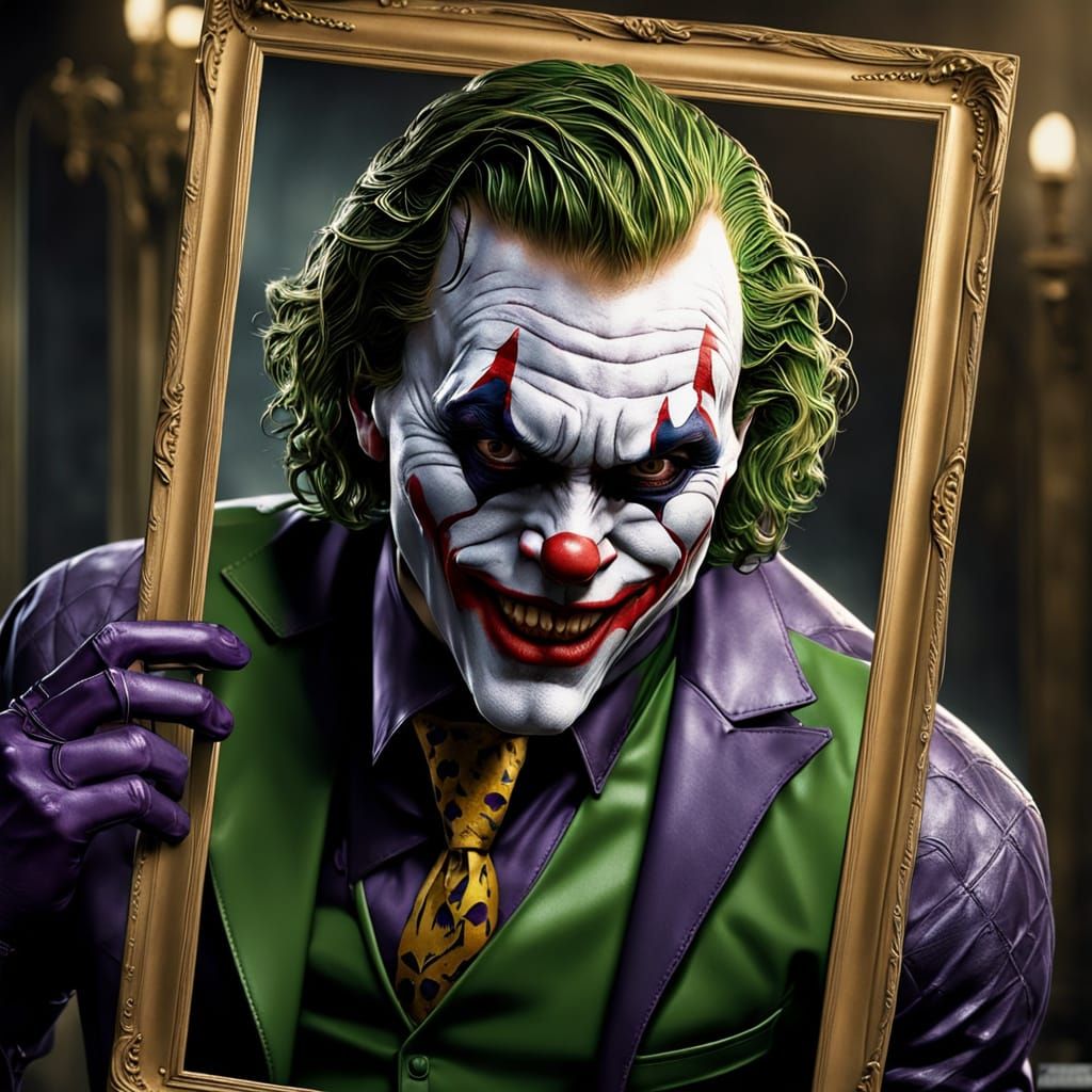 A Hauntingly Realistic Joker Emerges from a Golden Frame