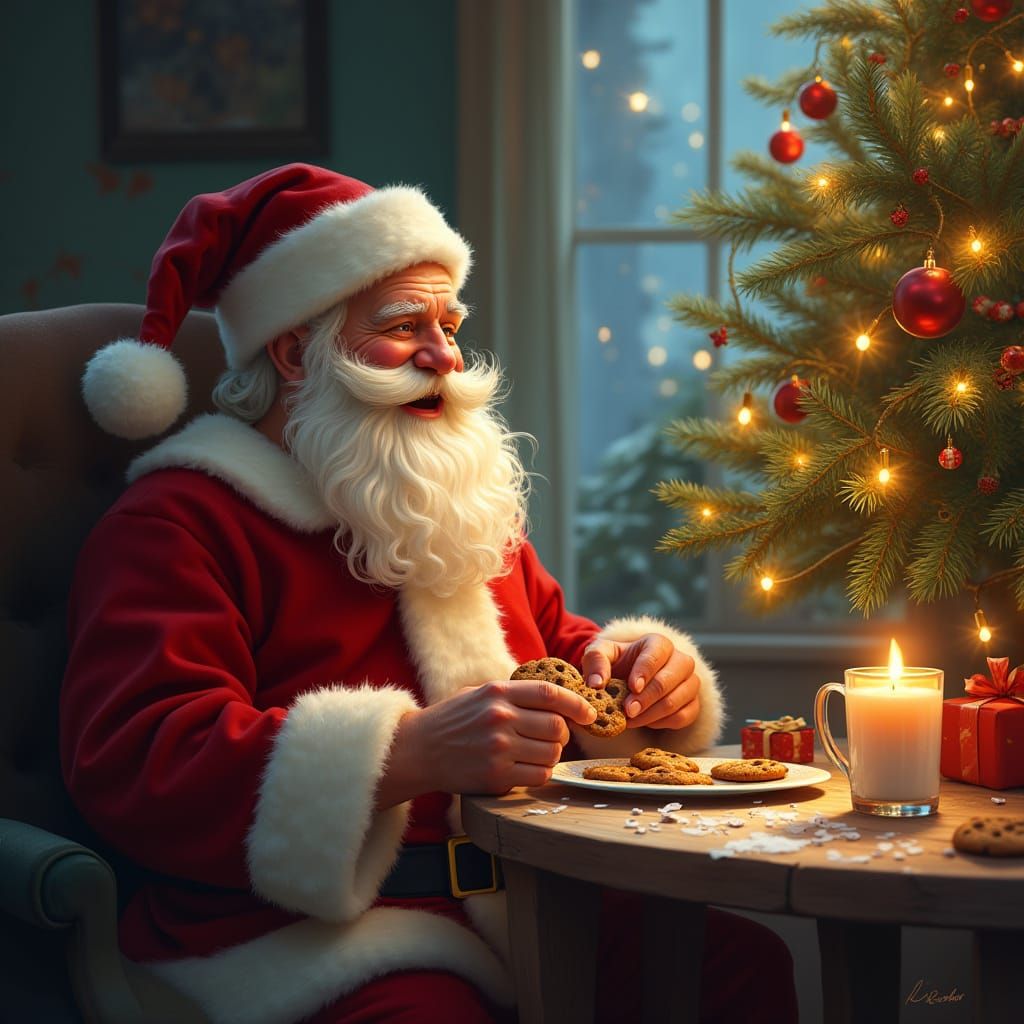 Santa Enjoys Cookies by the Christmas Tree