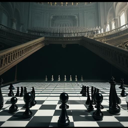 Giant Chessboard with People Pieces in Film Style