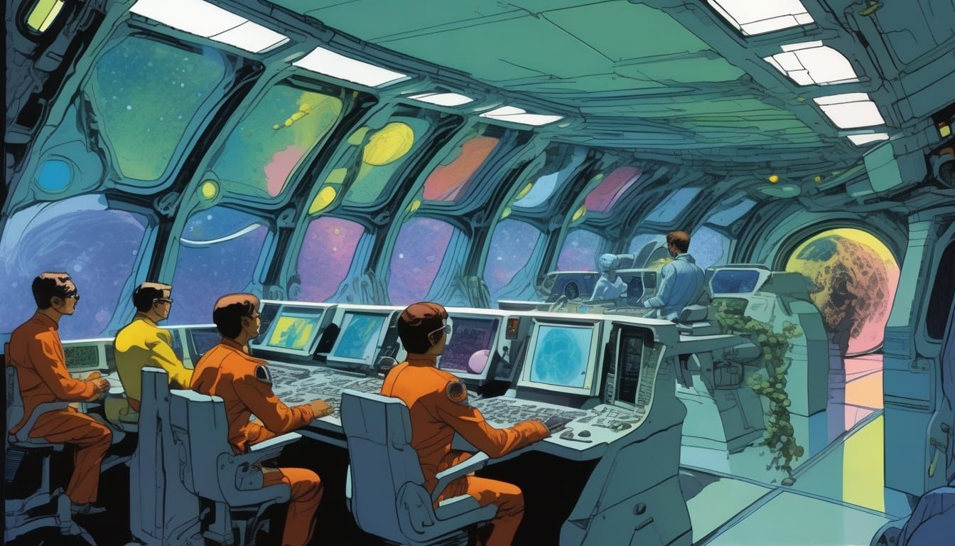 Spaceship Bridge Crew with Telepresent Colleagues