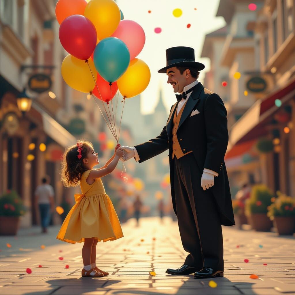 Chaplin Presents Balloons in Hyperrealistic City Square