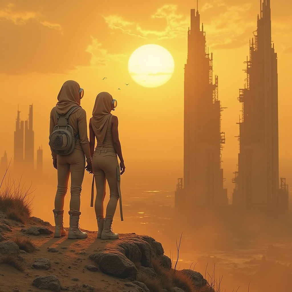 Post-Apocalyptic Couple Surveying Ruined City in 3024