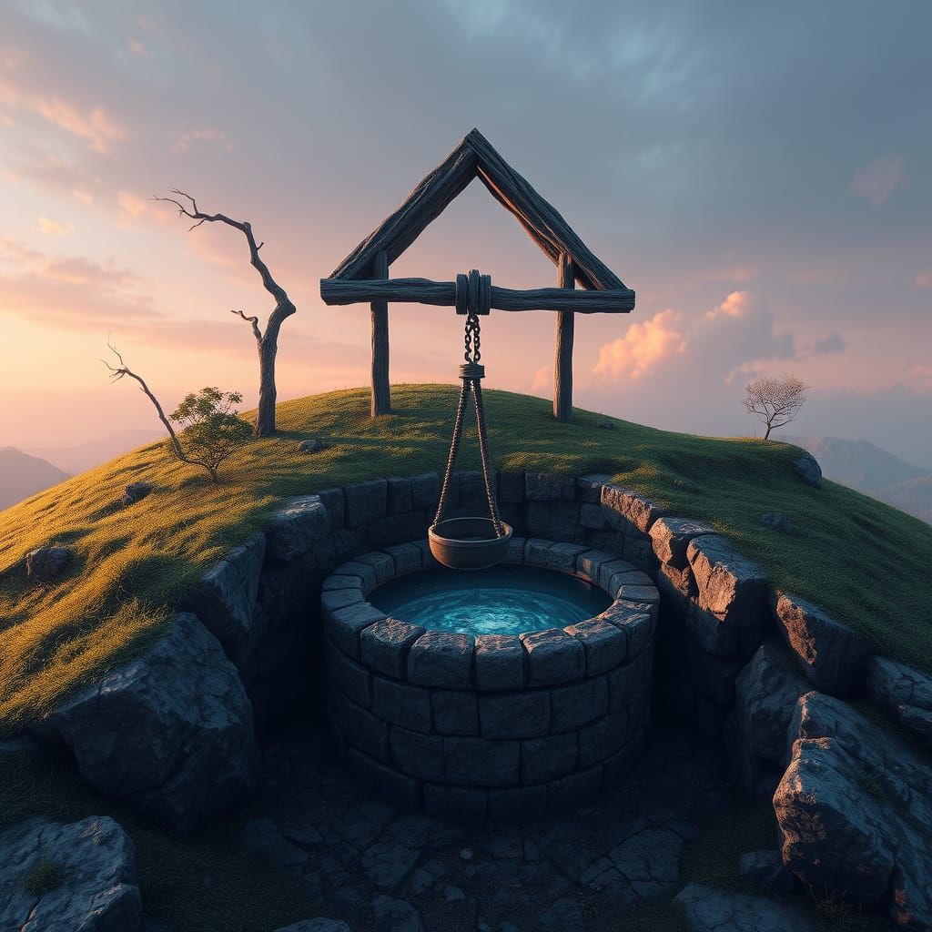 Ancient Stone Well: Detailed Matte Painting Landscape