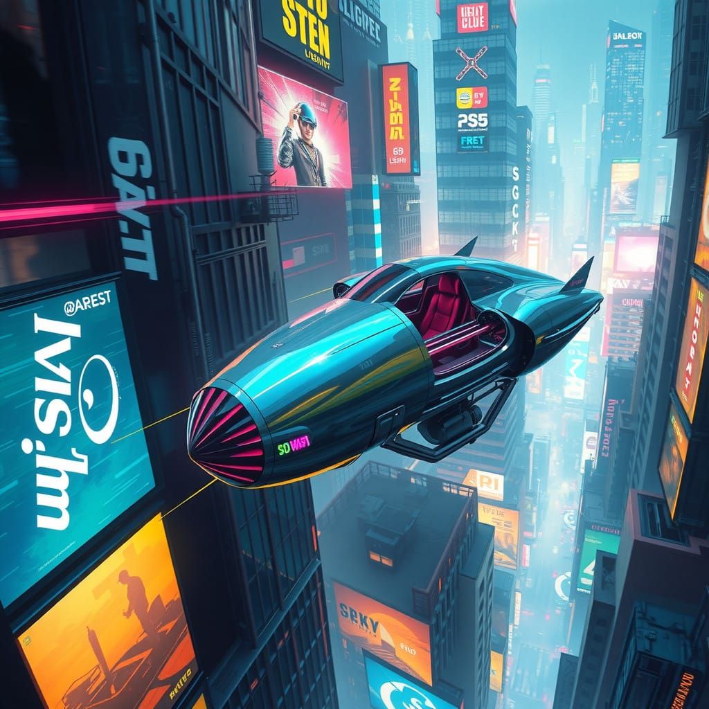 Flying Car soars through a Neon Dystopian Cityscape in Cyber...